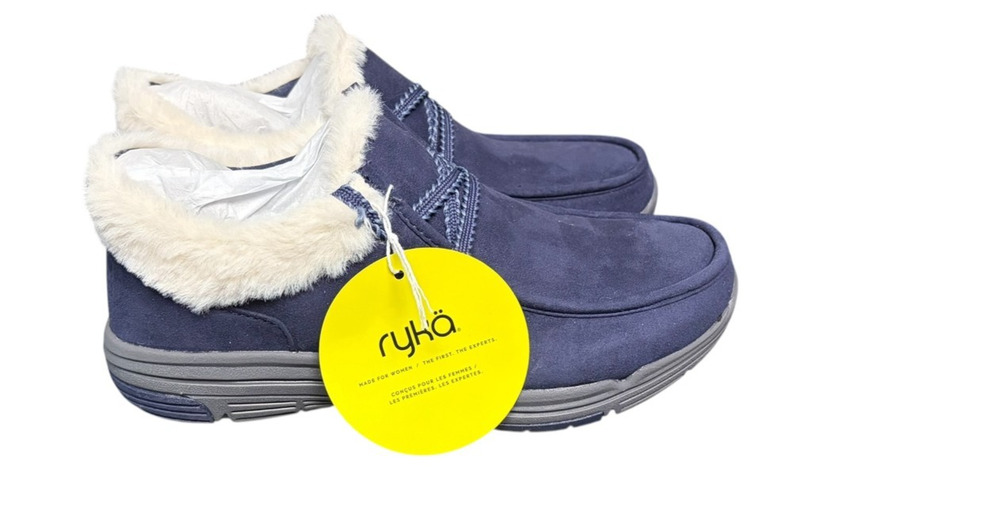 Ryka NEW Avid Lace Up Ankle Boots in Academy Blue Sherpa Lined Size 6.5 W Cozy